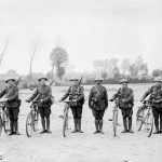 Canadian archive photo shows cyclists of the 2nd Battalion, Canadian Expeditionary Force posing at Scottish Lines near Poperinghe